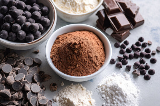 baking ingredients for coffee cake such as chocolate chips and cocoa powder are in small bowl