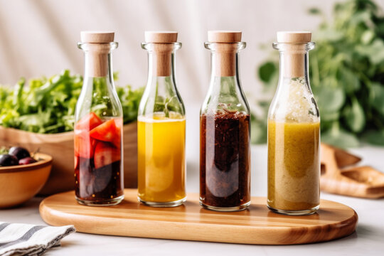 several bottles of healthy natural salad dressings on tray on table