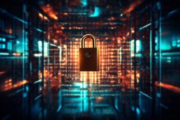padlock on electronic circuit design background, glowing electronic lock, computer network and cybersecurity