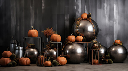 Industrial Elegance Hallowen decor. A striking image of a sleek and modern pumpkin arrangement set against an industrial backdrop.