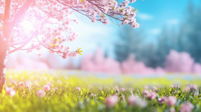 Beautiful blurred spring background nature with blooming glade Gardenia,Daisy,Jasmine,Rose, trees and blue sky on a sunny day.