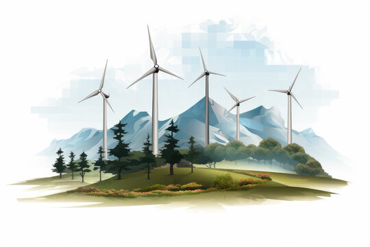 wind turbines farm, transparent background (PNG). Generative AI.