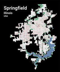 Springfield map, capital city of the USA state of Illinois. Municipal administrative area map with buildings, rivers and roads, parks and railways.