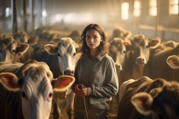 Fototapeta na wymiar Asian dairy woman working alone outdoors on a farm Beautiful young farmer feeding herd of cows with hay in the cowshed with happiness at the ranch industry