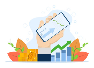 Investment analysis concept, return on investment, investment growth. People invest money with mobile services. hand holding mobile phone with graphics. Investment UI illustration in flat design.