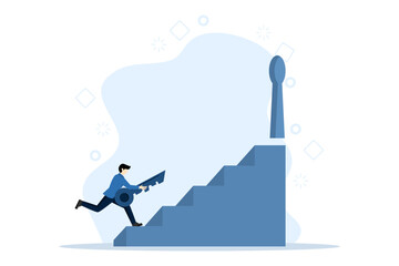 Businessman holding golden key Success business concept. businessman holding keys and walking up stairs. Key concepts for success in business. flat vector illustration on a white background.