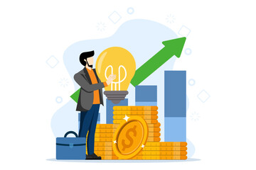 Successful businessman standing with business creative idea, money. Business idea concept, return on investment, leadership. invest in business. Vector illustration in flat design on white background. - obrazy, fototapety, plakaty