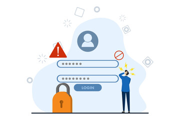 Forgotten password concept, lock, account access, blocked access. access the display page. The man forgot his password. Vector illustration in flat design for web page, landing, web banner.