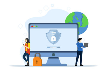 Virtual private network concept, cyber security, character using VPN for laptop or computer. Users protect personal data with a VPN service. secure web traffic, data protection. Vector illustration.