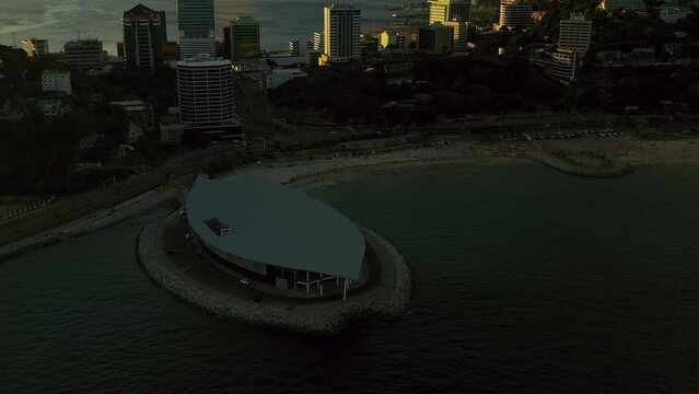 General aerial view of APEC house during dusk.