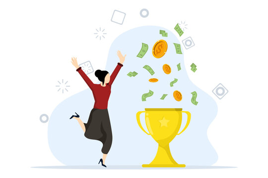 Concept of money bonus, reward program, cash back. Women get awards and cash bonuses. Happy business woman receiving prize and standing near winner trophy. Vector illustration in flat design.