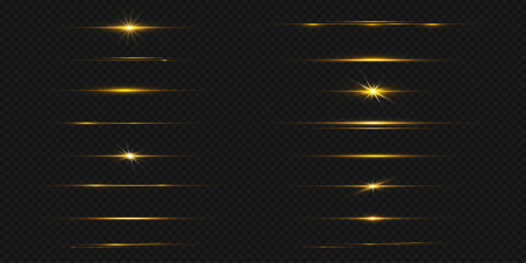 Gold line light glow with sparkle and flare shine. Horizontal golden neon streak effect isolated on transparent background. Magic flash laser strip divider with glitter shimmer design illustration © klyaksun