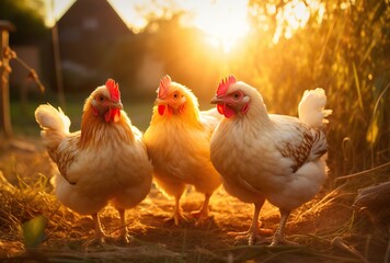 Fototapeta premium Pastured free-range chickens, organic poultry and natural farming.