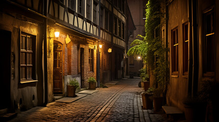 image of a narrow alley in the old town of Lübeck at night