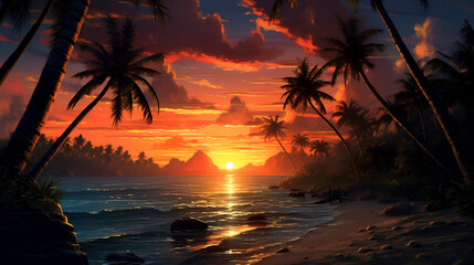 image of a sunset over a tropical island