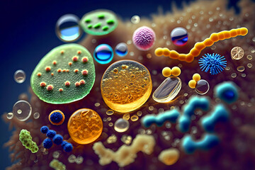 Various viruses, microbes and bacteria, types of microorganisms under microscopic magnification. Macro.Generative AI illustration. Microbiology - obrazy, fototapety, plakaty