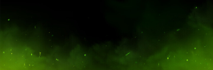 Realistic green smoke with fireflies glowing on black background. Vector illustration of abstract mist with emerald particles sparkling, toxic substance spreading in air, witchcraft spell effect
