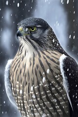 Northern Goshawk illustrated bird face and wings snow background 