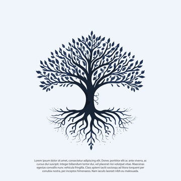 vector black tree of live icon on white background, tree with root, Creative vector graphic Silhouette of leaf trunks branch tree with root vector for logo or design leaf, fooliage, oak