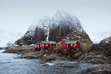 Fotobehang Red fishing cabins in Hamnoy, Norway © Cami
