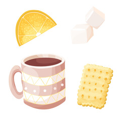 Set tea cup, porcelain mug scandinavian style decotated with dots with sugar, lemon and cracker or cookie in cartoon style isolated on white background.