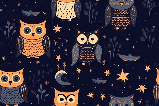 Seamless pattern with Cute owls on a dark blue background. Generative AI illustration. Textile pattern, print for children.