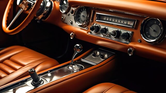 Luxurious leather interior of a retro car control panel