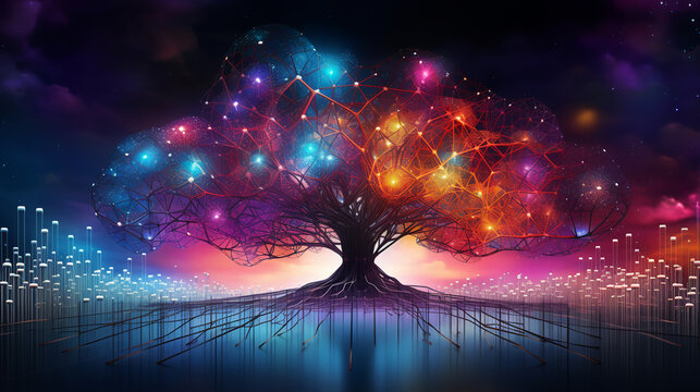 concept illustration of the intelligent AI brain, connected globally like the roots of a tree. Witness the power of communication and information in a futuristic network center