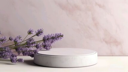 Luxury Circular Minimal White Empty Flat Marble Platform, Soothing Lavender flowers, Abstract...