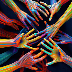 Multi-colored robot hand for background image. The concept of joining forces and working together as one.Generative AI
