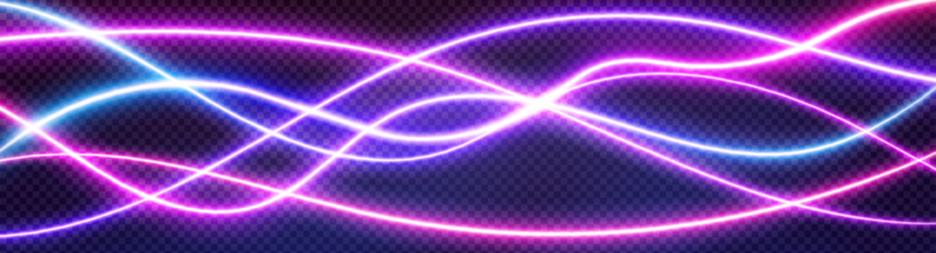 Neon audio voice frequency wave and abstract sound light vector background. Radio pulse effect curve design. Volume music track line vibrant motion illustration. Electronic record led graph chart
