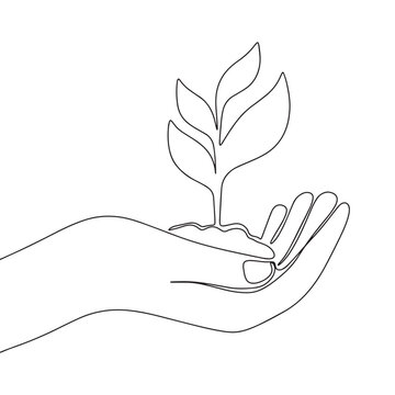 recommend clip art: Plant in hand isolated on white background. One line continuous eco concept vector illustration. Outline, line art silhouette