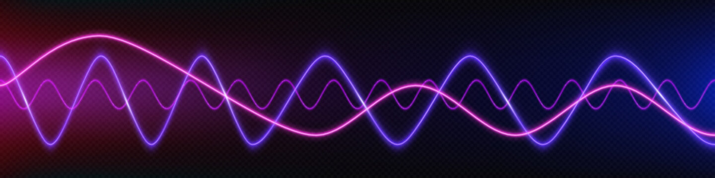Neon audio voice frequency wave and abstract sound light vector background. Radio pulse effect curve design. Volume music track line vibrant motion illustration. Electronic record led graph chart