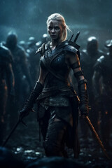 Naklejka premium Portrait of a fantastic dark elf archer in heavy armor, with long white hair and armed with a sword.Vertical illustration of Generative AI.