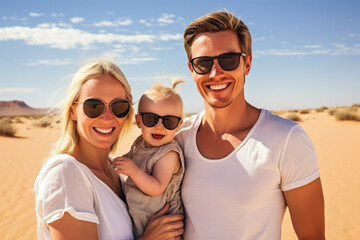 Obraz premium Close up of a young couple with their baby while on a beach holiday. Generative AI