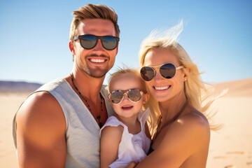 Obraz premium Close up of a young couple with their baby while on a beach holiday. Generative AI