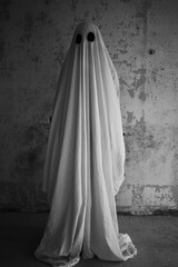 Ghost in a white sheet on wall background in abandoned house