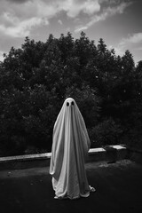 Ghost covered with a white ghost sheet on a roof. Black and white photo.