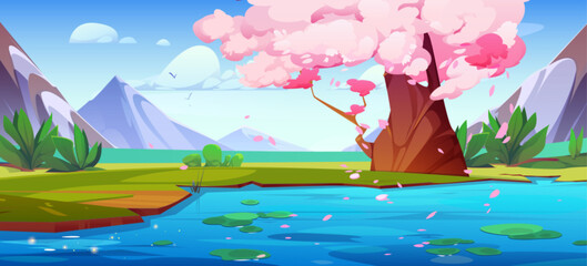 Mountain lake with old sakura tree on bank. Vector cartoon illustration of asian natural background, pink cherry blossom petals flying in air above blue river water. Spring Japanese park, birds in sky