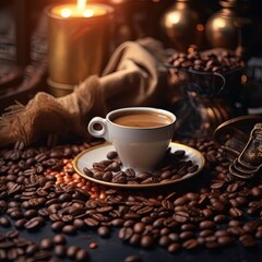 Fototapeta premium Top view of a Cup of coffee and coffee beans with jute bag in a the table on dark background. Generative Ai.