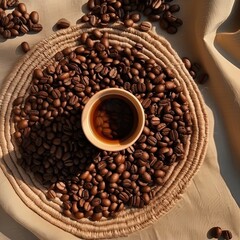 Fototapeta premium Top view of a Cup of coffee and coffee beans with jute bag in a the table on dark background. Generative Ai.