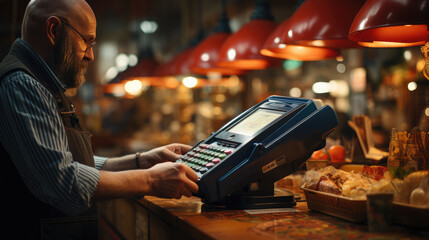 the person working in the supermarket and using the EDC machine