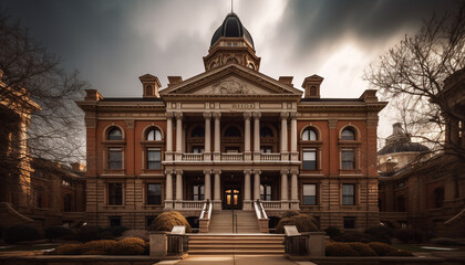 Naklejka premium Majestic architecture of famous old building illuminated at night generated by AI