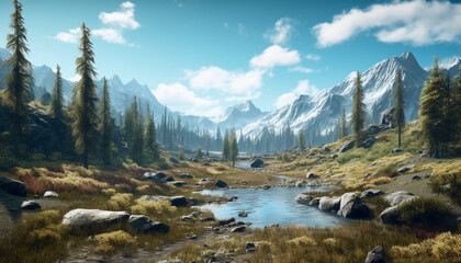 Obraz premium Majestic mountain range reflects tranquil sunset on rocky cliff generated by AI