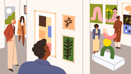 People visiting modern art gallery. Visitors looking at abstract contemporary pictures, framed drawings, abstractions, sculptures in trendy style at exhibition, exposition. Flat vector illustration
