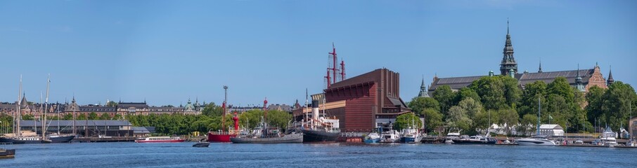 Panorama over the museums park in the island Djurg&aring;rden, a sunny summer morning in Stockholm