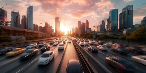 Fototapeta premium Feierabend Verkehr auf den Straßen, generative AI