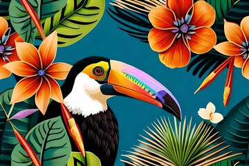 toucan on a branch of green , floral patterns on the blue 