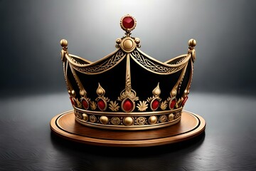 golden crown isolated on red background placed on wooden rounded piece