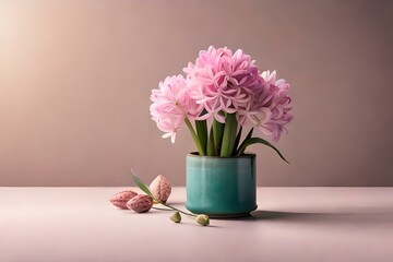 a beautiful circular blue colored vase containing bunch of flowers placed over pink colored table background is simple pink